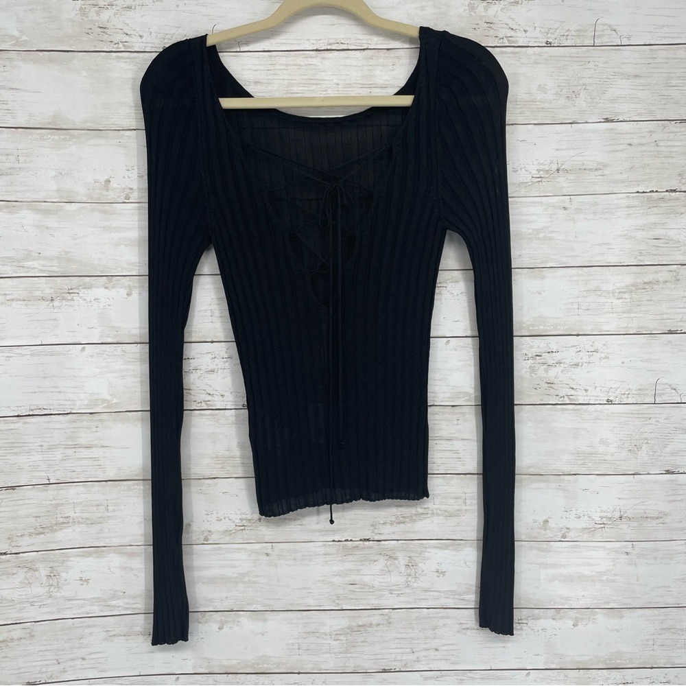 Free People Black Deep V Lace-Up Back Long Sleeve Sheer Ribbed Top Size S NWT